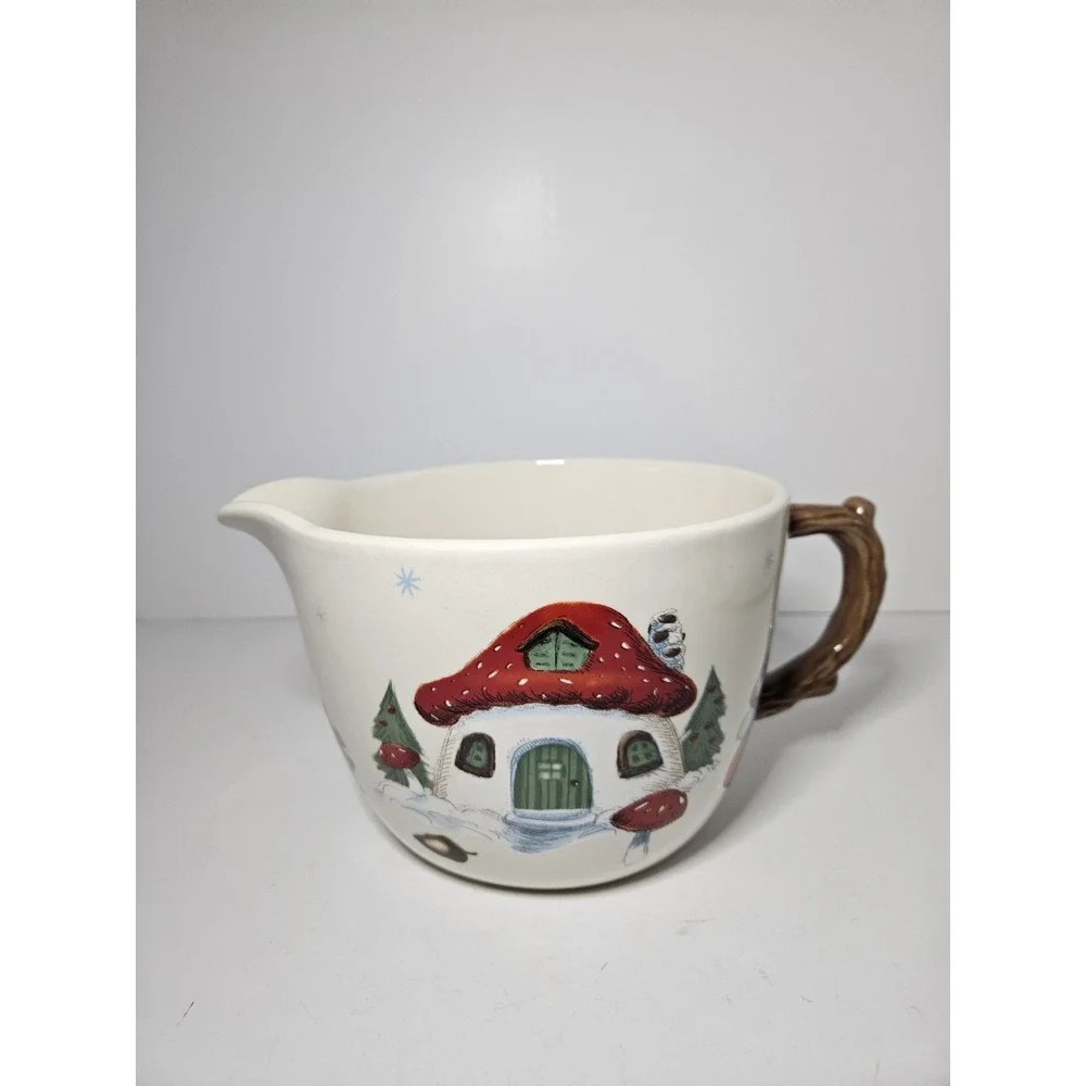 Christmas Bird Gnome Ceramic Batter Bowl Spout Faux Twig Handle Holiday Time 2Qt